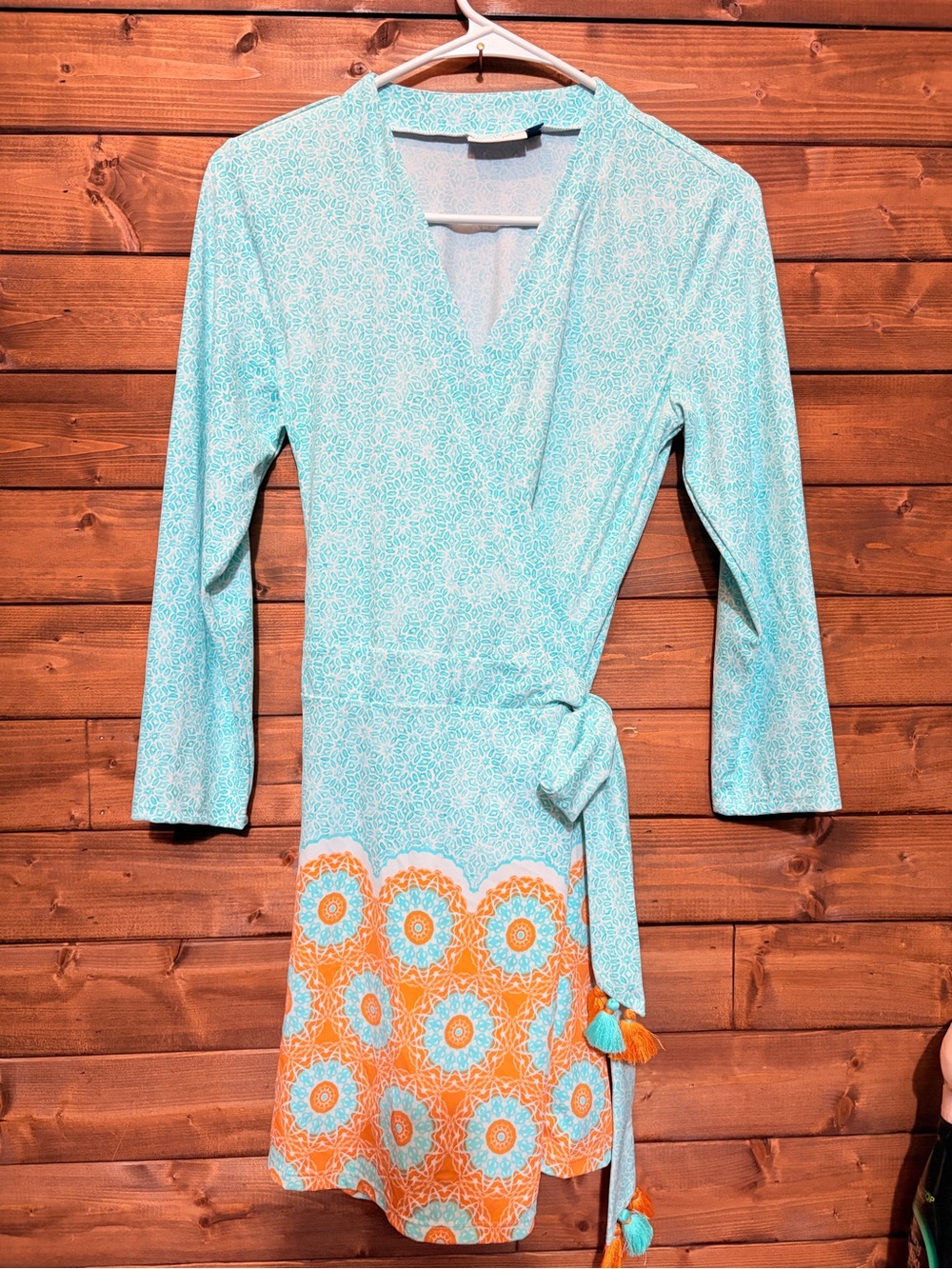 Cabana Life Aqua & Orange Wrap Romper Dress XS